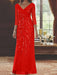 V-Neck 3/4 Sleeve Floor-Length Sequined Mother of the Bride Sheath Dress