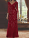 V-Neck 3/4 Sleeve Floor-Length Sequined Mother of the Bride Sheath Dress