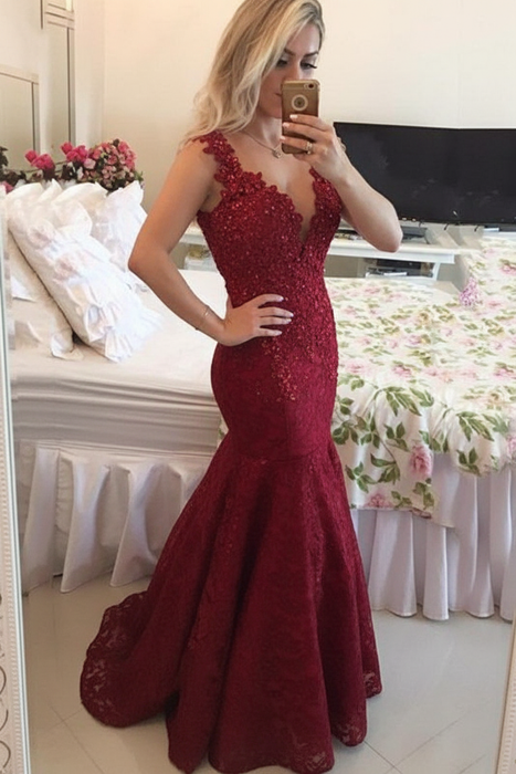 Red V-Neck Mermaid Prom Dress Lace Appliques Evening Gowns with Beadings - Prom Dresses