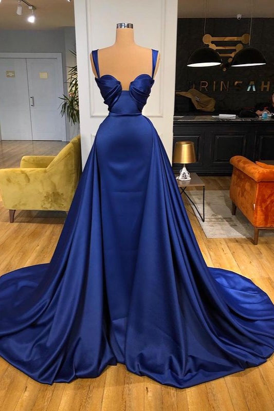 Regal Blue Strap Long Prom Dress with Elegant Overskirt Bridelily Regal Blue Strap Long Prom Dress with Elegant Overskirt Bridelily