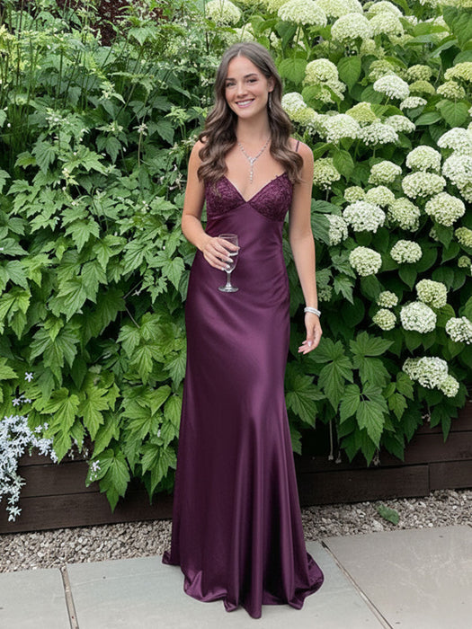 Regency V-neck Beaded Satin A Line Prom Dress