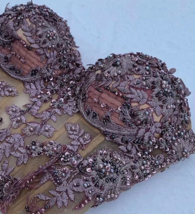 Regency Beaded Corset Top Lace-up Closure Boning Appliques Corset Blouse - Photo Color - Dress