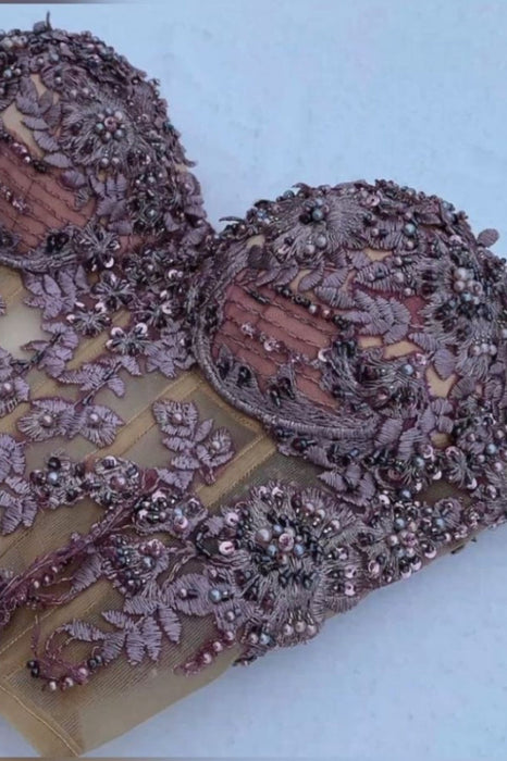 Regency Beaded Corset Top Lace-up Closure Boning Appliques Corset Blouse - Photo Color - Dress