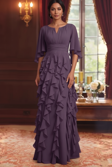 Regency Chiffon Mother of the Bride Dress Flutter Sleeves with Cascading Ruffles