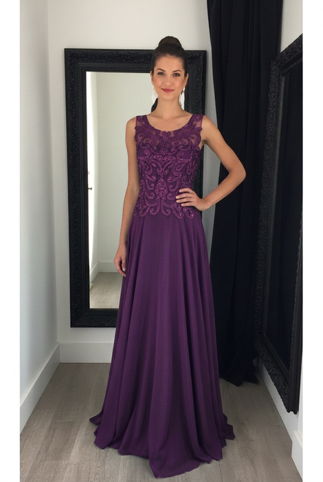 Regency Chiffon A-Line Prom Dress Scoop Neck with Lace Appliques