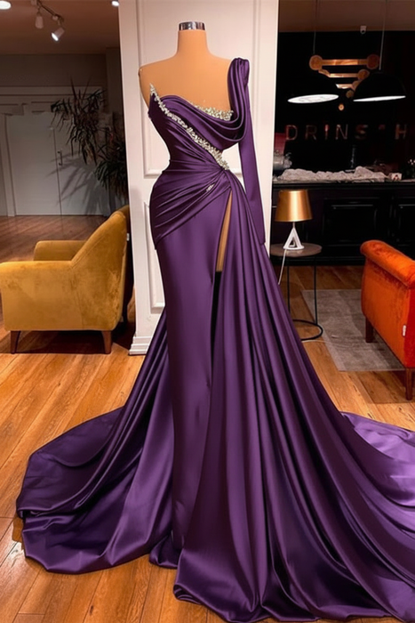 Regency One Shoulder Mermaid Prom Dress Beaded with Split