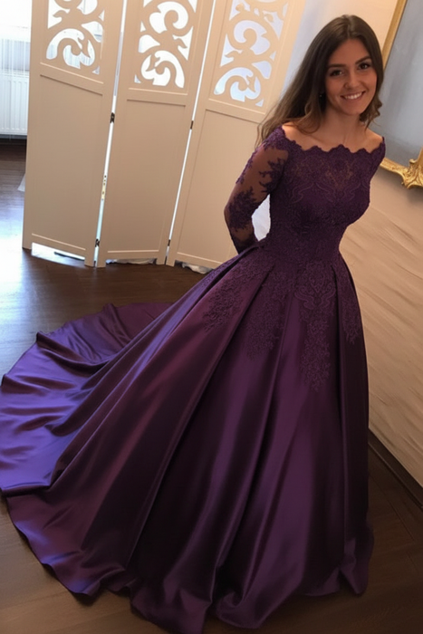 Regency Off Shoulder Long Sleeve Ball Gown Appliques Satin Prom Dress - Prom Dresses