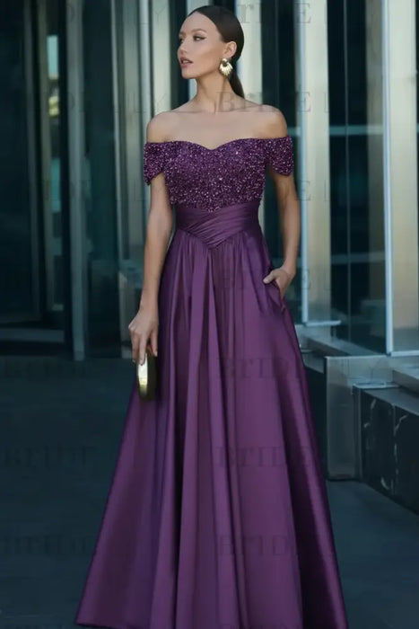 Regency Off-the-Shoulder Satin Aline Formal Dress with Beadings