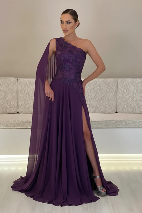 Regency One-Shoulder Sleeveless Chiffon Evening Dresses Long with Side Slit - Prom Dresses