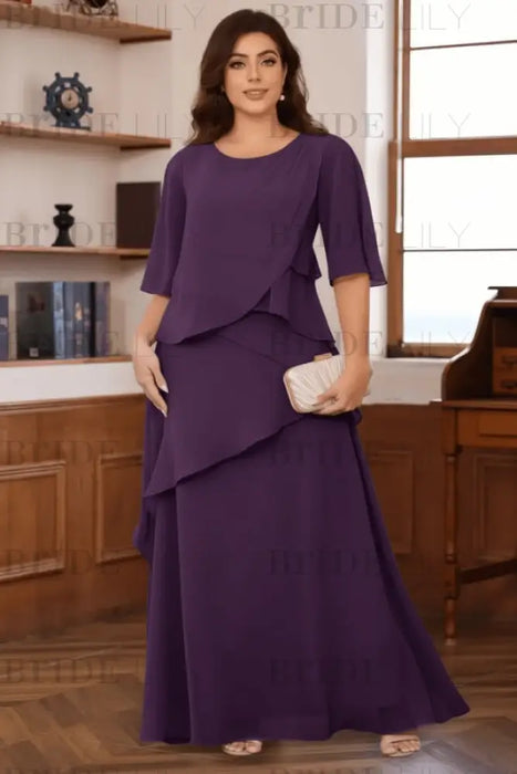 Regency Plus Size Ruffles Chiffon Mother of the Bride Dress Scoop Neck with Half Sleeves