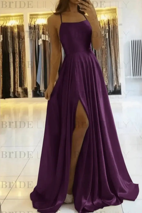 Regency Simple Prom Dress Long With Spaghetti Straps Front Slit Satin Evening Dress