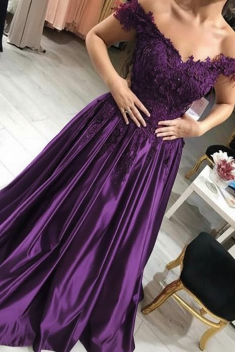 Regency Purple Off-the-Shoulder Lace Applique Satin Aline Evening Dresses