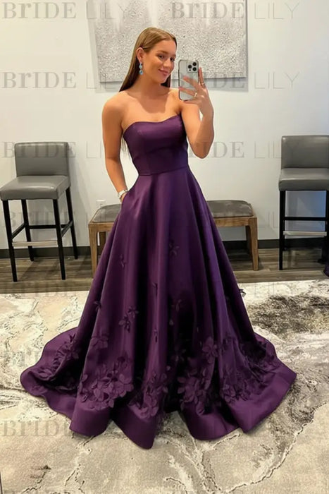 Regency Strapless Satin Long Prom Dresses with 3D Flowers