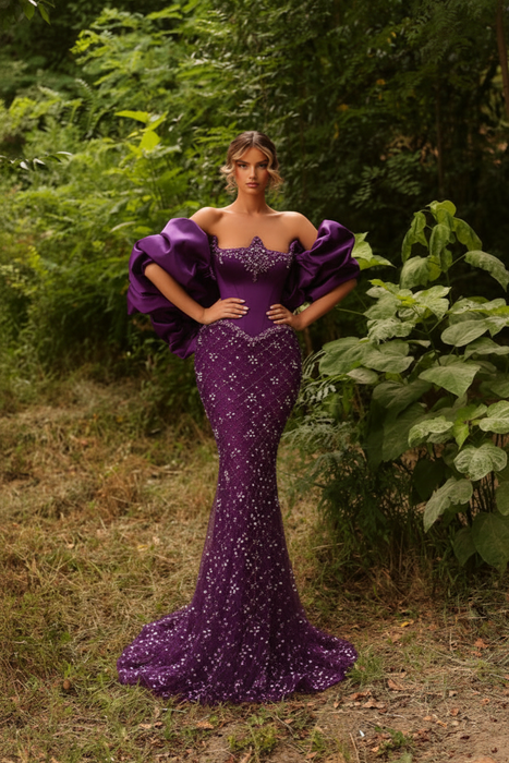 Regency Satin Mermaid Evening Gown Beadings Floor Length Party Dress with puffy Sleeves