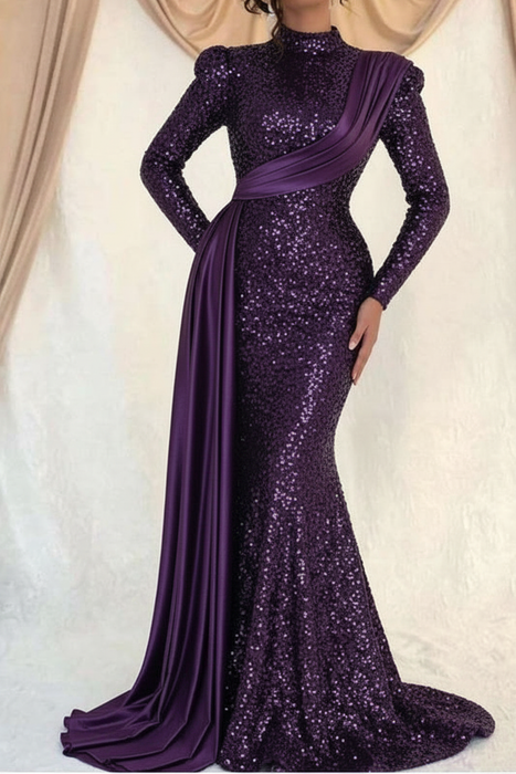 Regency Sequins Long Sleeves High Collar Mermaid Prom Dress with Ruffle
