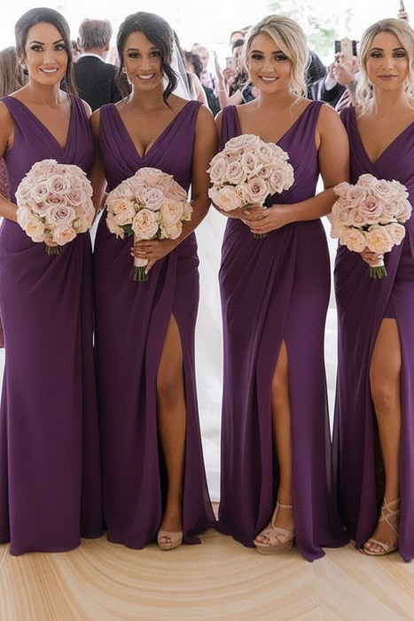Regency Simple V Neck Sleeveless Sheath Pleated Chiffon Bridesmaid Dress with Split