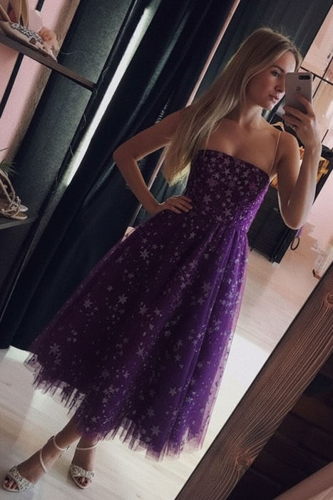Regency Spaghetti Strap Tea Length Tulle Homecoming Dress Midi Prom Dresses - Prom Dresses