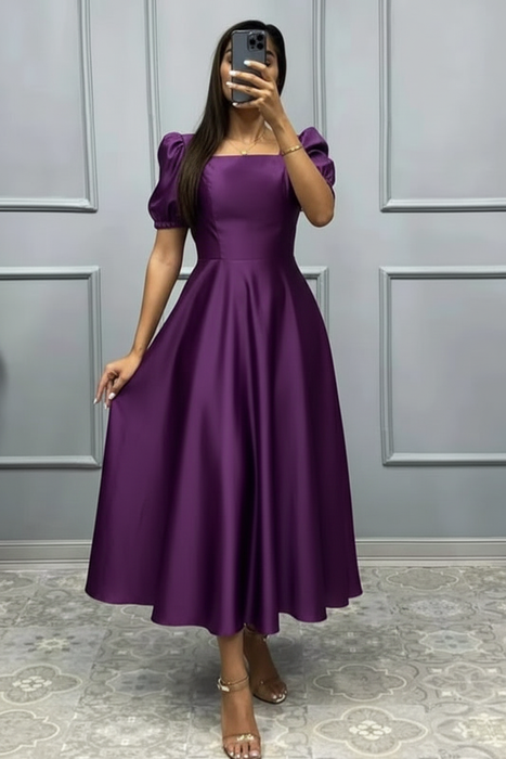 Regency Square Neck A-Line Prom Dress with Short Sleeves