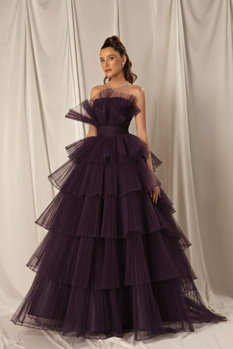 Regency Strapless Mermaid Evening Gown with Layers and Sleeveless Design