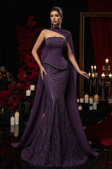 Regency Charming Strapless Beadings Satin Prom Dress Mermaid with Cape