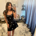 Black Rhinestone Floral Embellished Satin Mini Homecoming Dress with Bow Straps