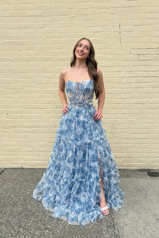 Romantic Blue Strapless Floral A-Line Prom Dress