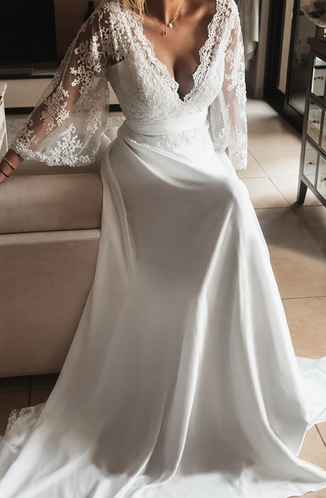 Romantic Boho V Neck Lace Appliques Chiffon Long Beach Wedding Dress - Wedding Dresses