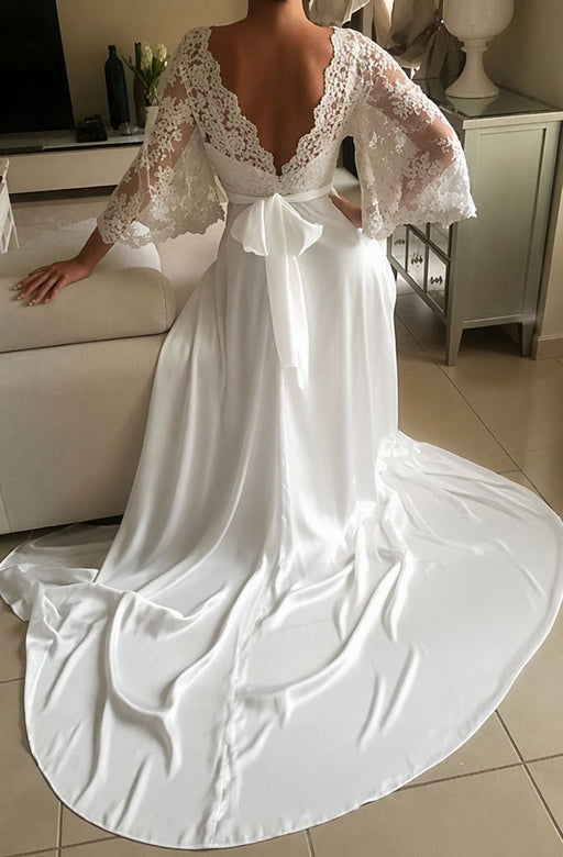 Romantic Boho V Neck Lace Appliques Chiffon Long Beach Wedding Dress - Wedding Dresses