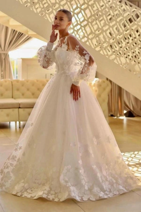 Romantic Lace Appliques Aline Wedding Dress Tulle with Long Sleeves