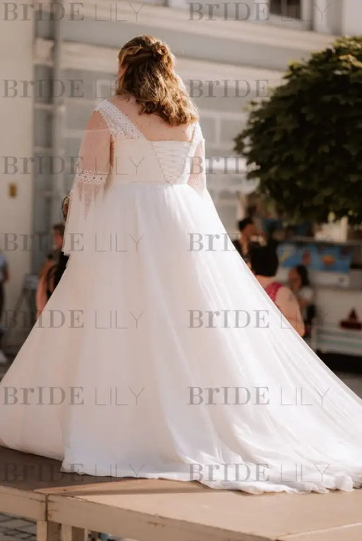 Romantic Lace Wedding Dress Aline Plus Size Long Sleeves with Chapel Train