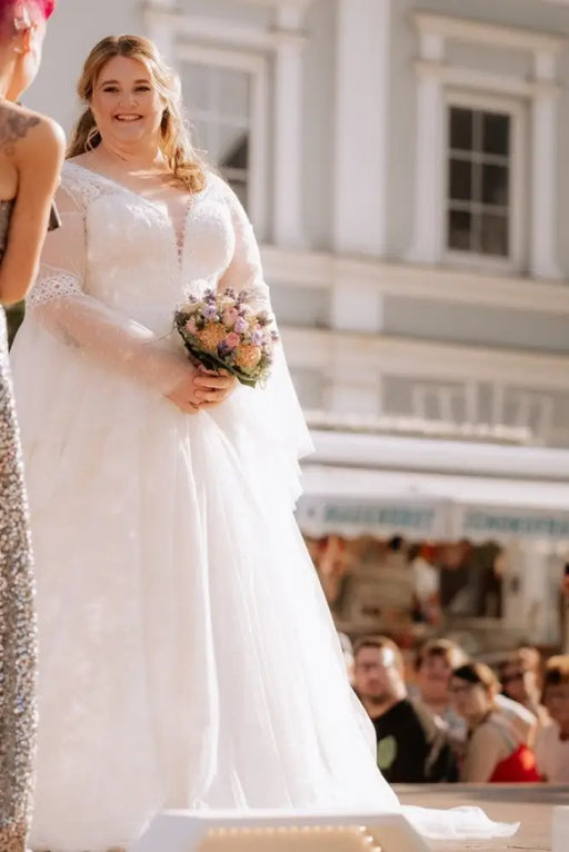 Romantic Lace Wedding Dress Aline Plus Size Long Sleeves with Chapel Train