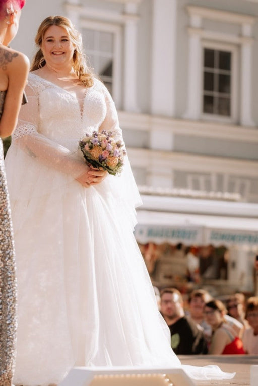 Romantic Lace Wedding Dress Aline Plus Size Long Sleeves with Chapel Train