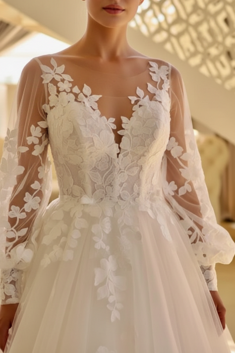 Romantic Lace Appliques Aline Wedding Dress Tulle with Long Sleeves