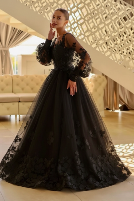 Romantic Lace Appliques Aline Wedding Dress Black Tulle with Long Sleeves
