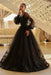 Romantic Lace Appliques Aline Wedding Dress Black Tulle with Long Sleeves