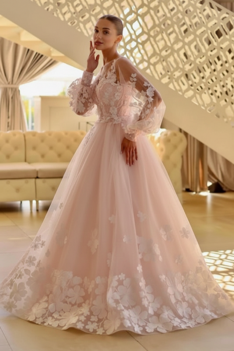 Romantic Lace Appliques Aline Wedding Dress Tulle Blush Pink with Long Sleeves