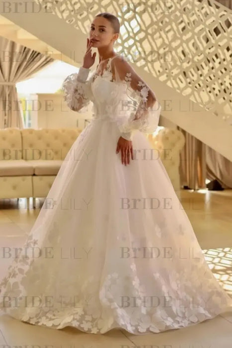 Romantic Lace Appliques Aline Wedding Dress Tulle Ivory with Long Sleeves