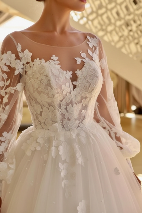 Romantic Lace Appliques Aline Wedding Dress Tulle with Long Sleeves