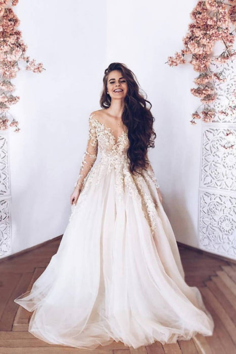Romantic Long Sleeves Appliques Ruffles Wedding Dresses
