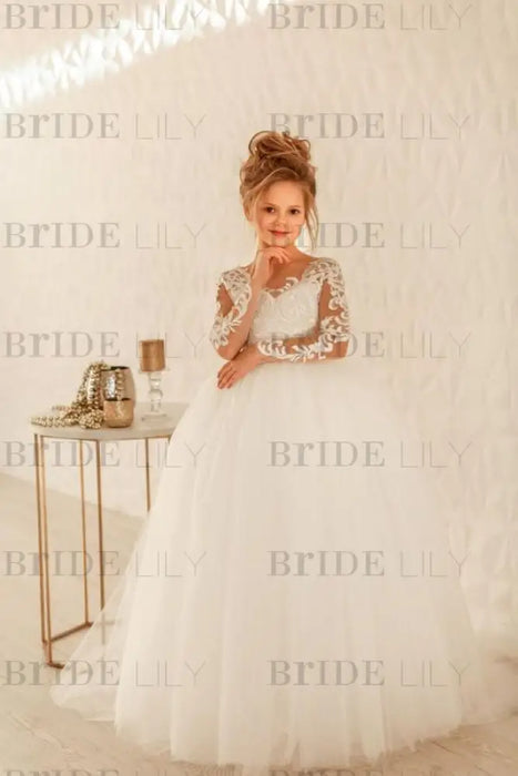 Romantic Long Sleeves White Tulle Lace Appliques Wedding Party Dress for Girls - Ivory / 2Y-3Y - Flower Girl Dresses