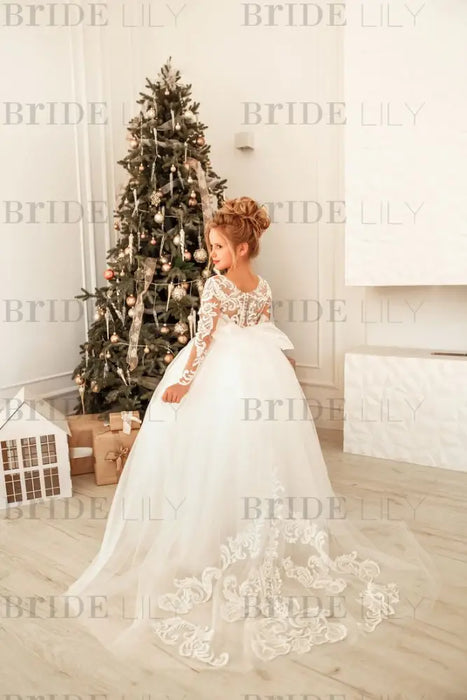 Romantic Long Sleeves White Tulle Lace Appliques Flower Girl Dress-Bridelily