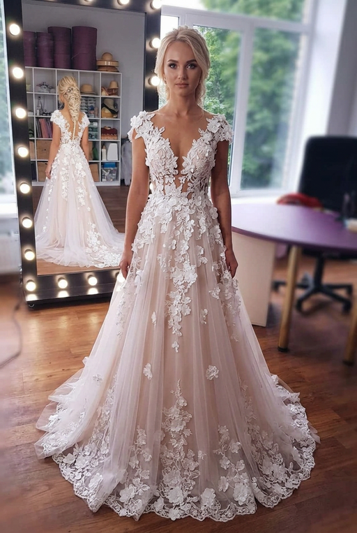 Romantic Sleeveless Aline Wedding Dress 3D Floral Lace Tulle Bridal Dress - Wedding Dress