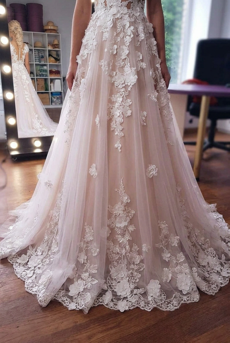Romantic Sleeveless Aline Wedding Dress 3D Floral Lace Tulle Bridal Dress - Wedding Dress