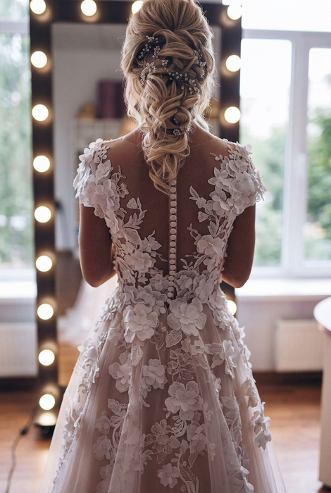 Romantic Sleeveless Aline Wedding Dress 3D Floral Lace Tulle Bridal Dress - Wedding Dress