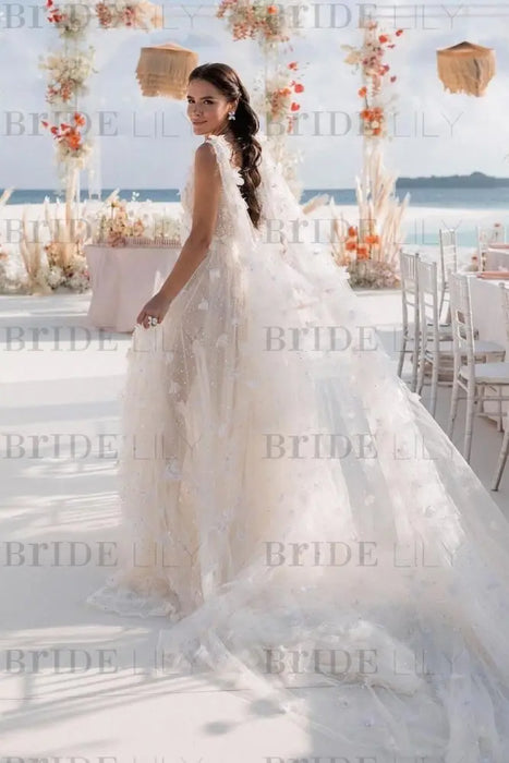 Romantic Tulle Lace Aline Wedding Dress V-Neck Long Bridal Dress - Wedding Dresses