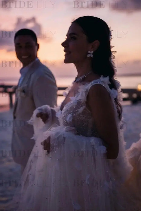 Romantic Tulle Lace Aline Wedding Dress V-Neck Long Bridal Dress - Wedding Dresses