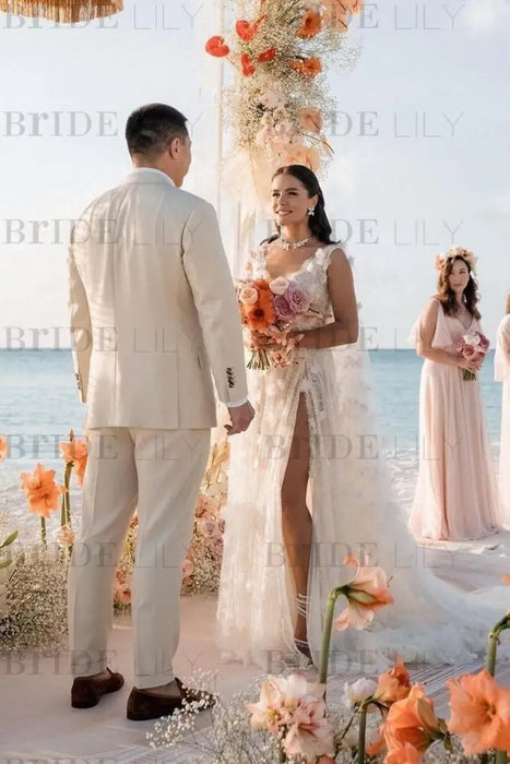 Romantic Tulle Lace Aline Wedding Dress V-Neck Long Bridal Dress - Wedding Dresses