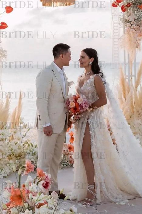 Romantic Tulle Lace Aline Wedding Dress V-Neck Long Bridal Dress - Wedding Dresses