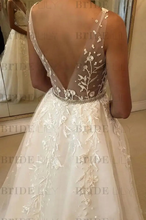 Romantic V Neck Beach with Lace Appliques A Line Wedding Dress - Wedding Dresses