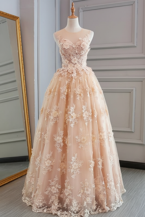 Rose Gold Sheer Neck Tulle Lace Prom Dresses Aline with Appliques
